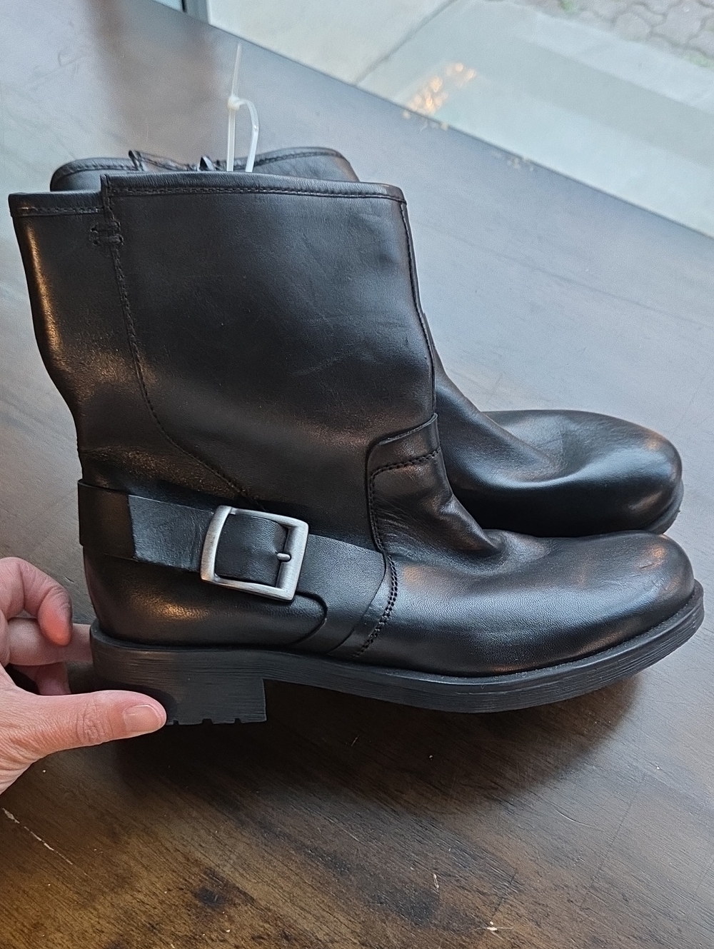 Geox Size 7 Women's Black Leather Harness Boots with Buckle Strap
